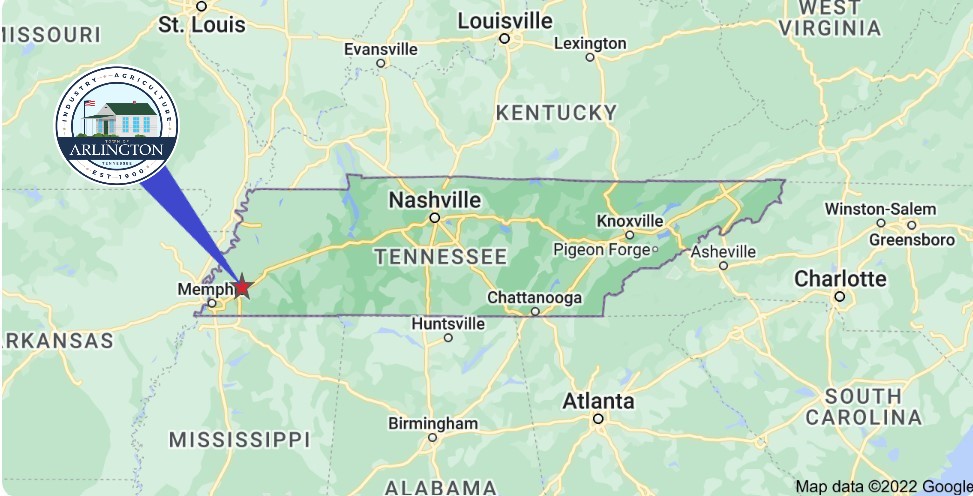 Map of State of Tennessee with Arlington highlighted in west end by Memphis