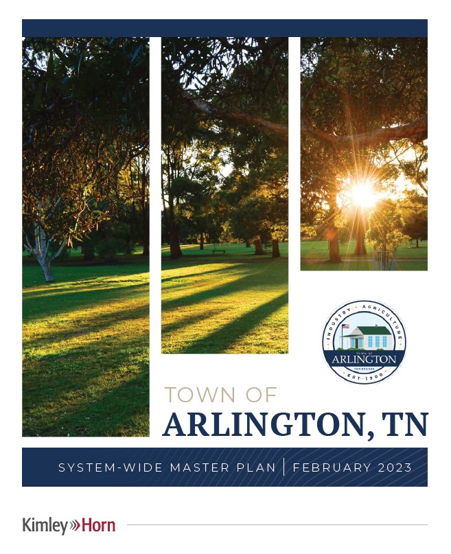 Cover of Town of Arlington System-Wide Master Plan from February 2023, showing sun rising over grassy park and trees
