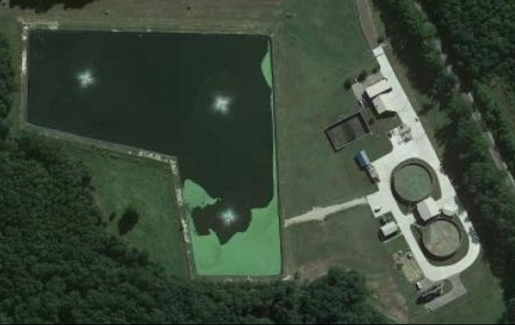 aerial of wastewater treatment plant and adjacent treatment ponds