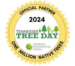 Yellow badge with words: Official partner 2024 Tennessee Tree Day, 1 million native trees