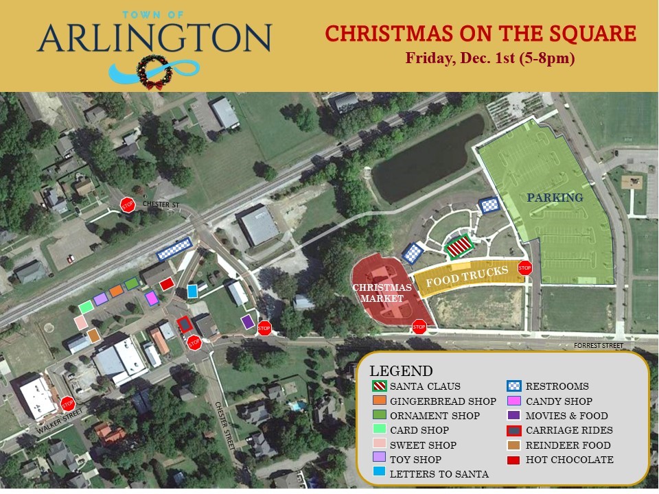 Map of Christmas on the Square event location in Depot Square of Arlington TN,. Event on Friday, Dec 1st from 5 to 8pm