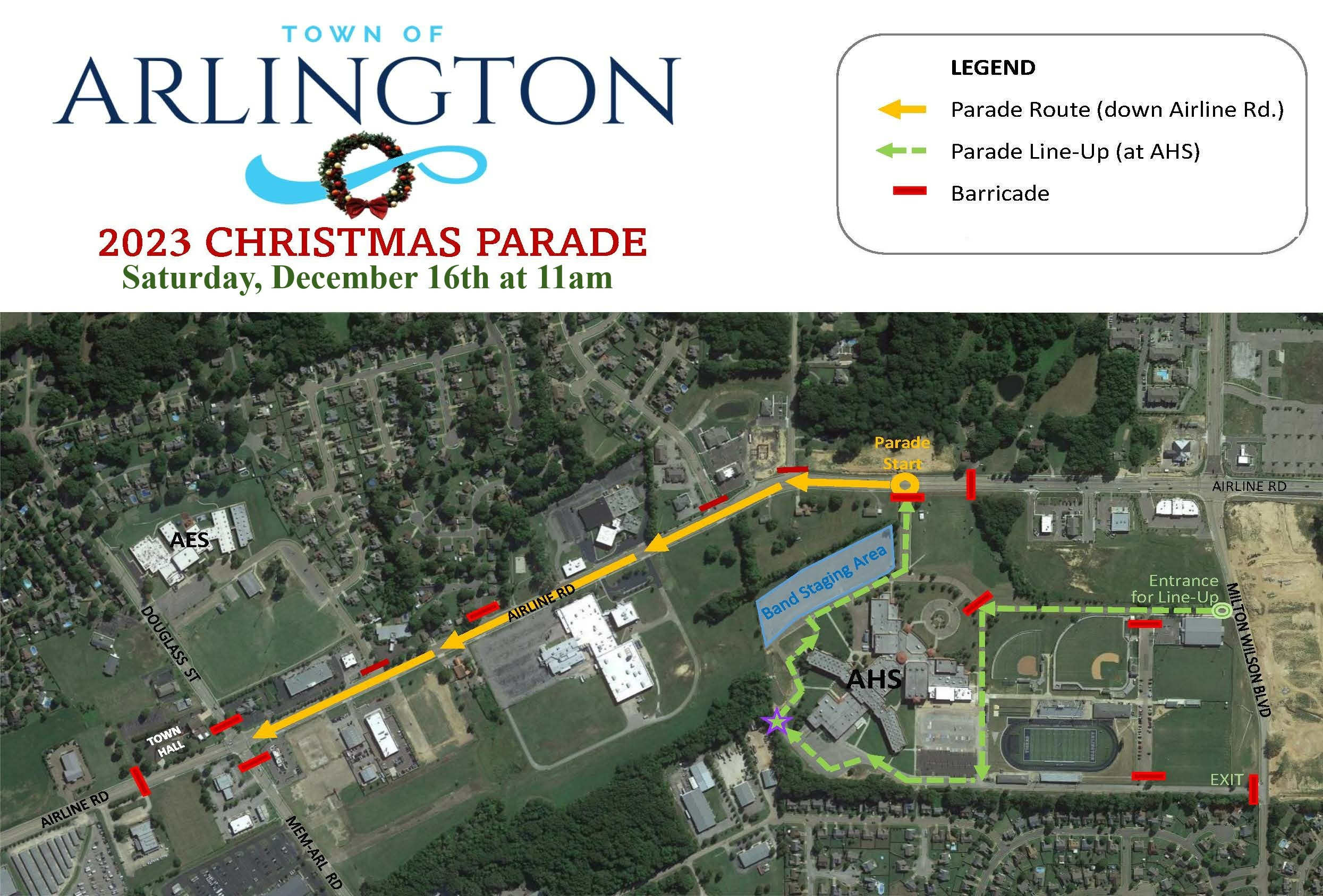 Route map for Arlington 2023 christmas parade, starting on Airline Road at Arlington High School entrance and traveling west to Douglass Road where it ends. The parade is Saturday, Dec 16 at 11am