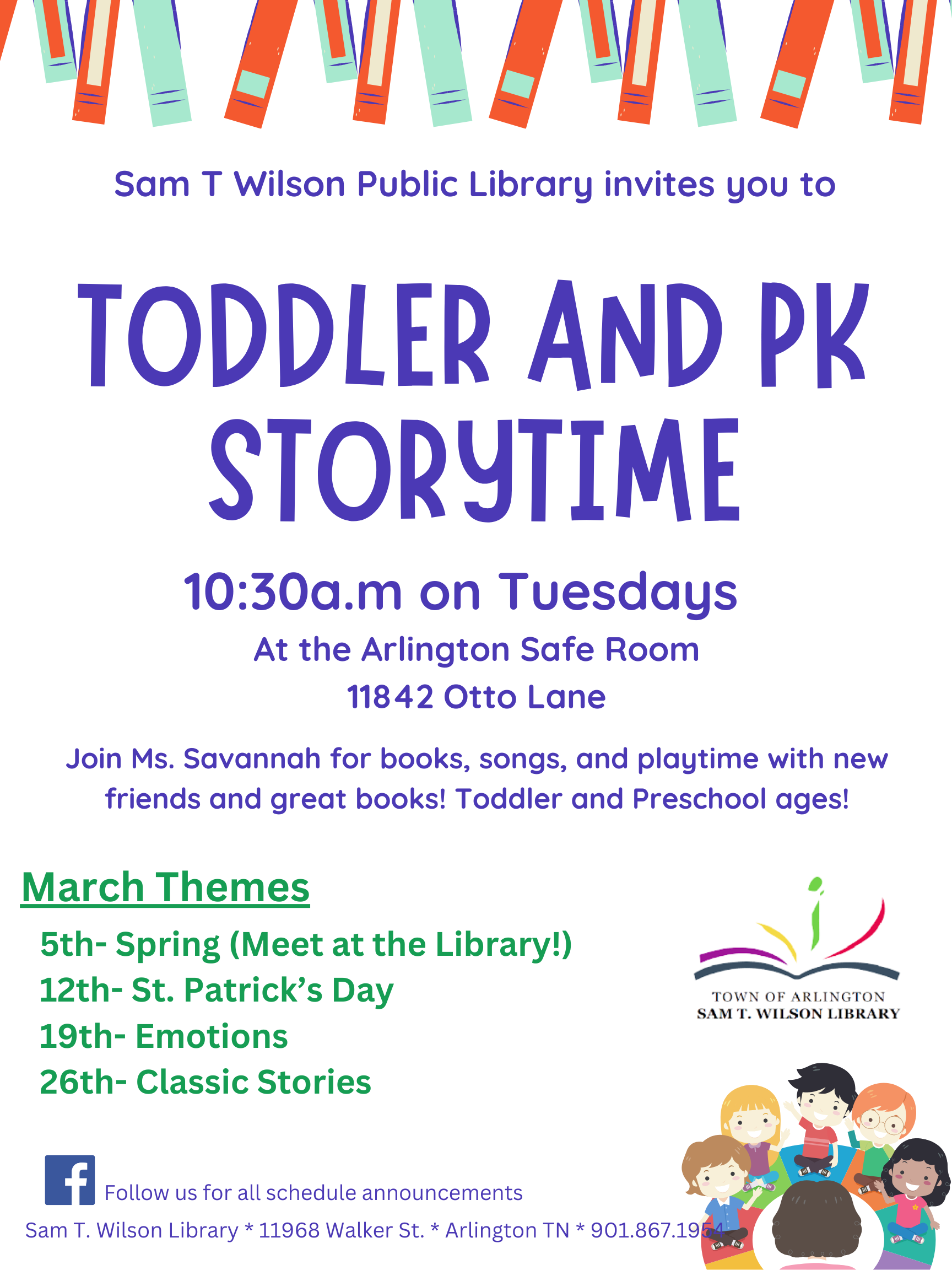Toddler and PK storytime, 10:30am on Tuesdays at Arlington Safe Room at 11842 Otto Lane