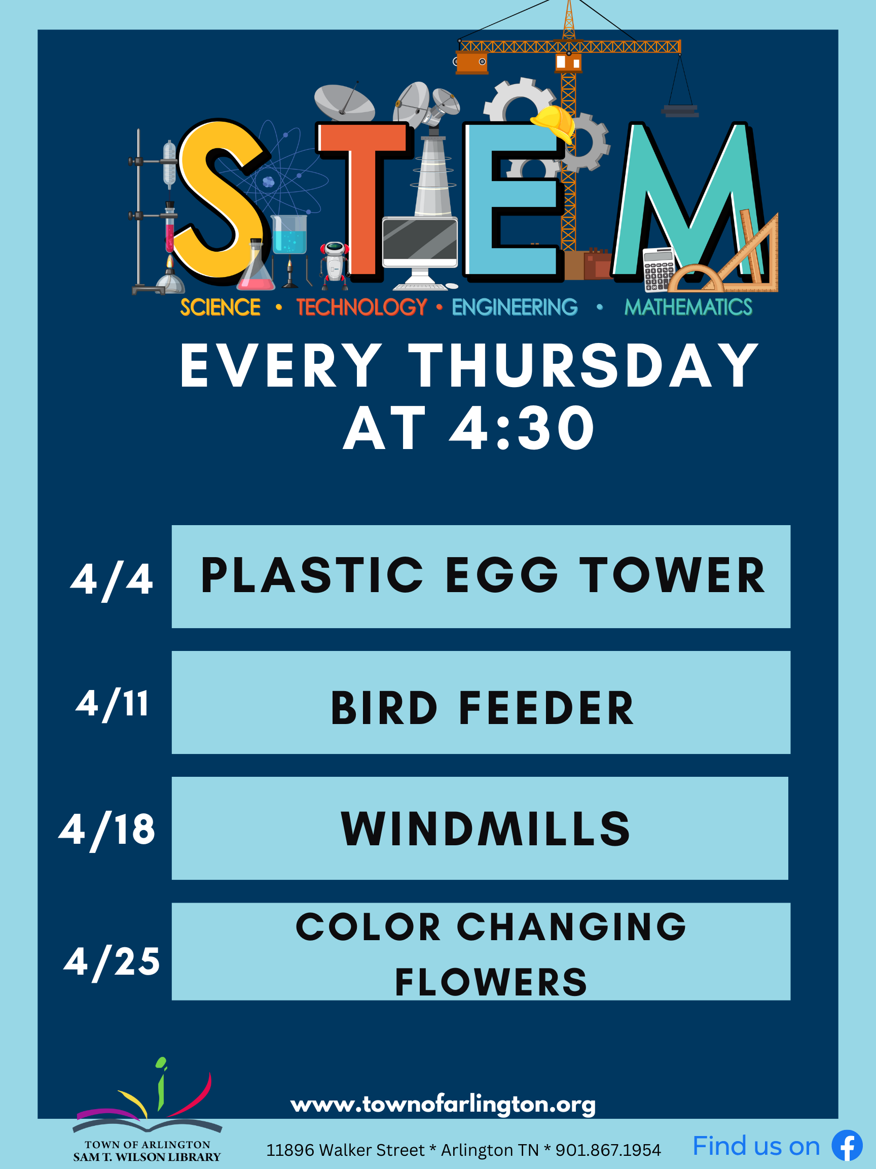STEM schedule for April, meeting every thursday at 4:30pm