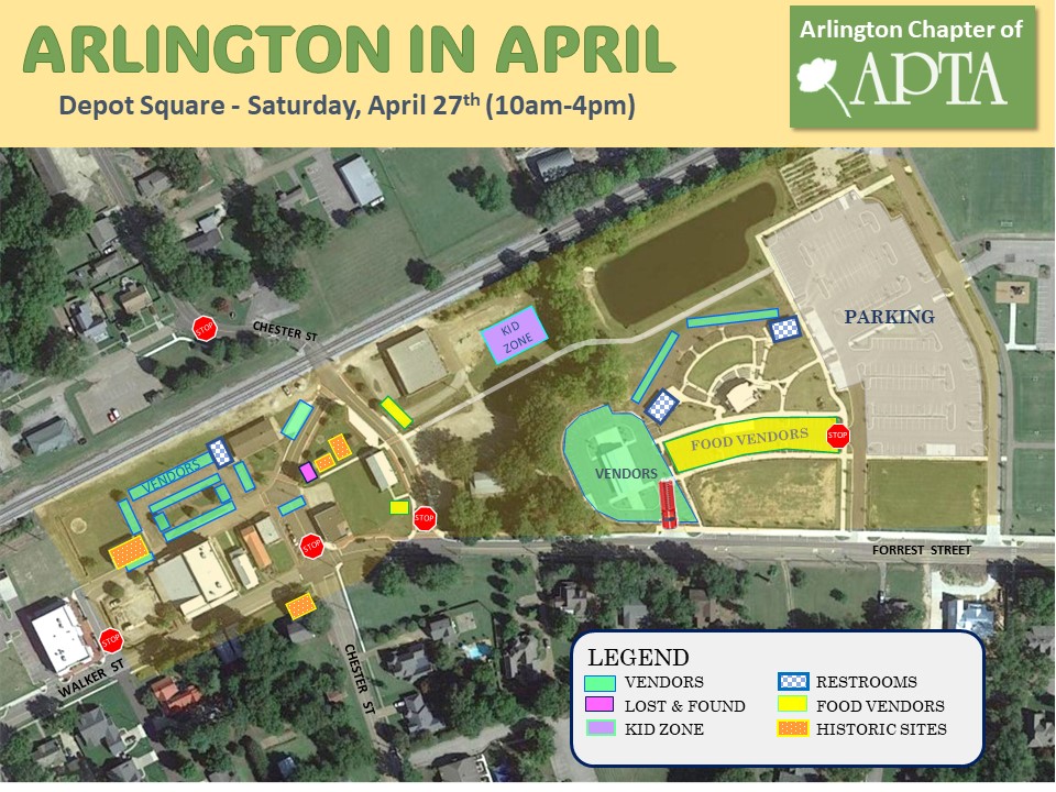 Map of Depot Square in Arlington TN, showing the location of elements of Arlington in April event