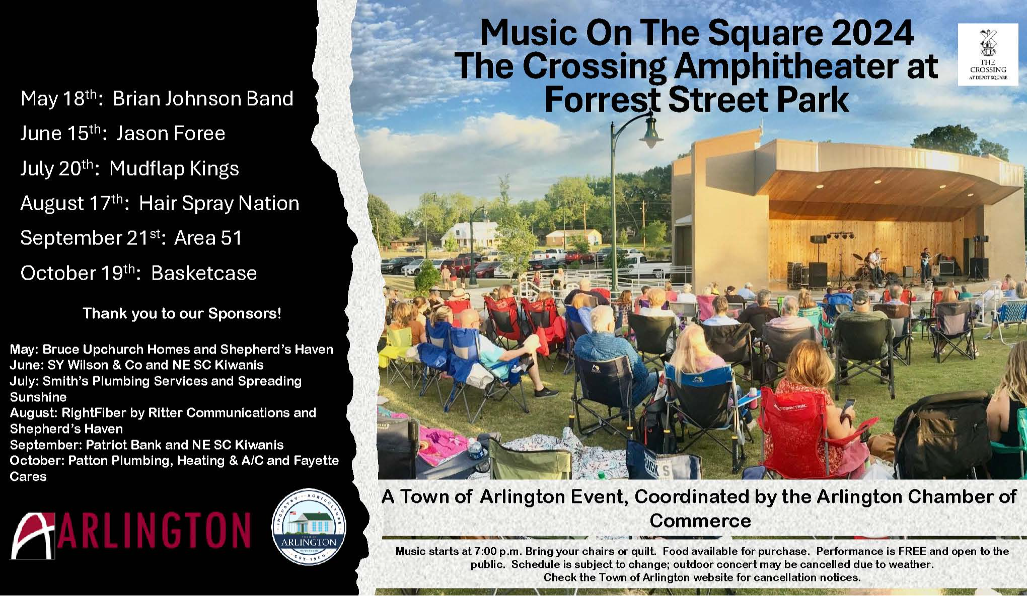 picture of people in lawn chairs enjoying music at an amphitheater and line-up for 2024 Music on the Square on left