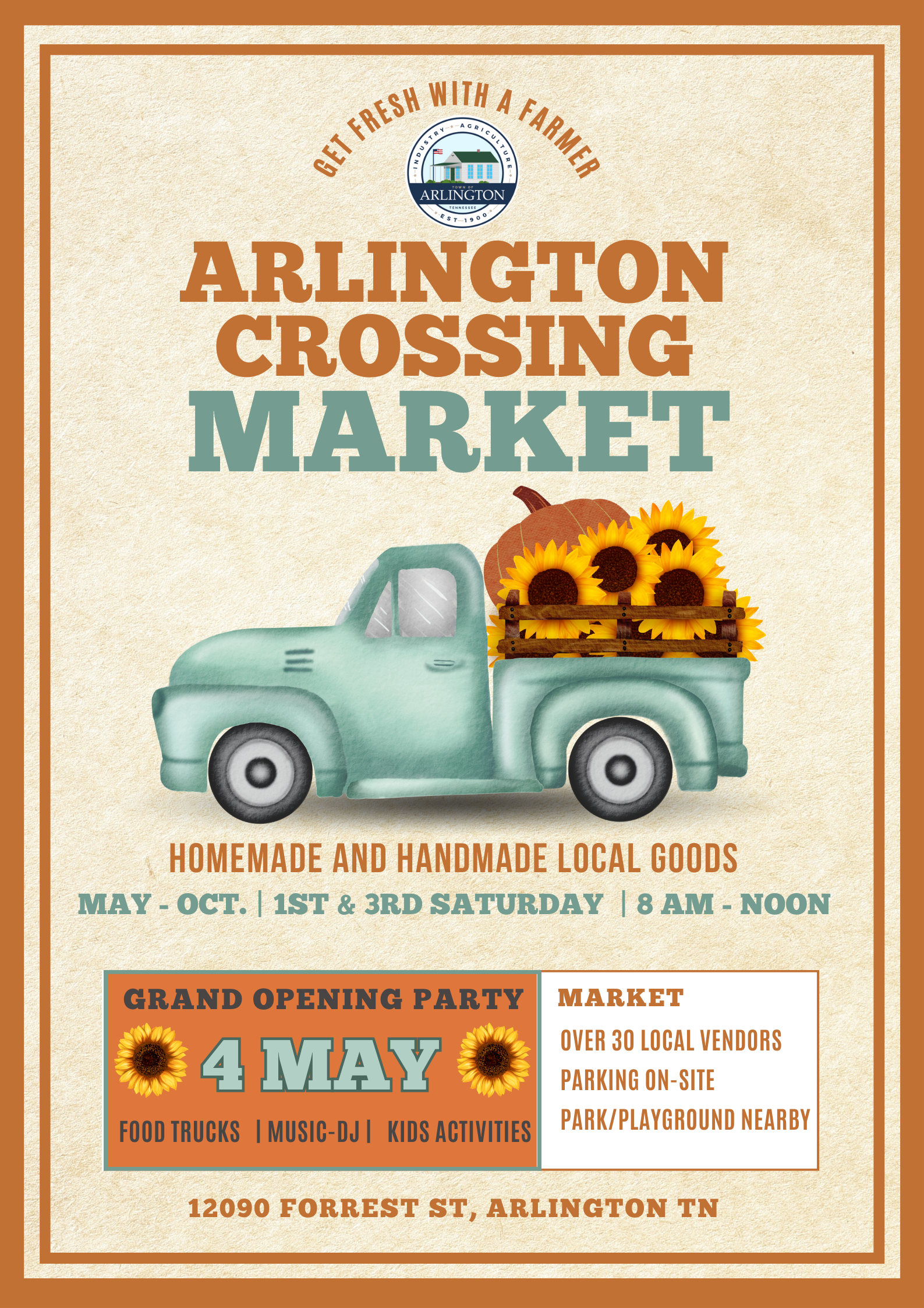 flyer for Arlington Crossing Market with beige background, blue old pickup truck with bed full of sunflowers, and note the market is 1st and 3rd Monday, May to October, from 8am to Noon