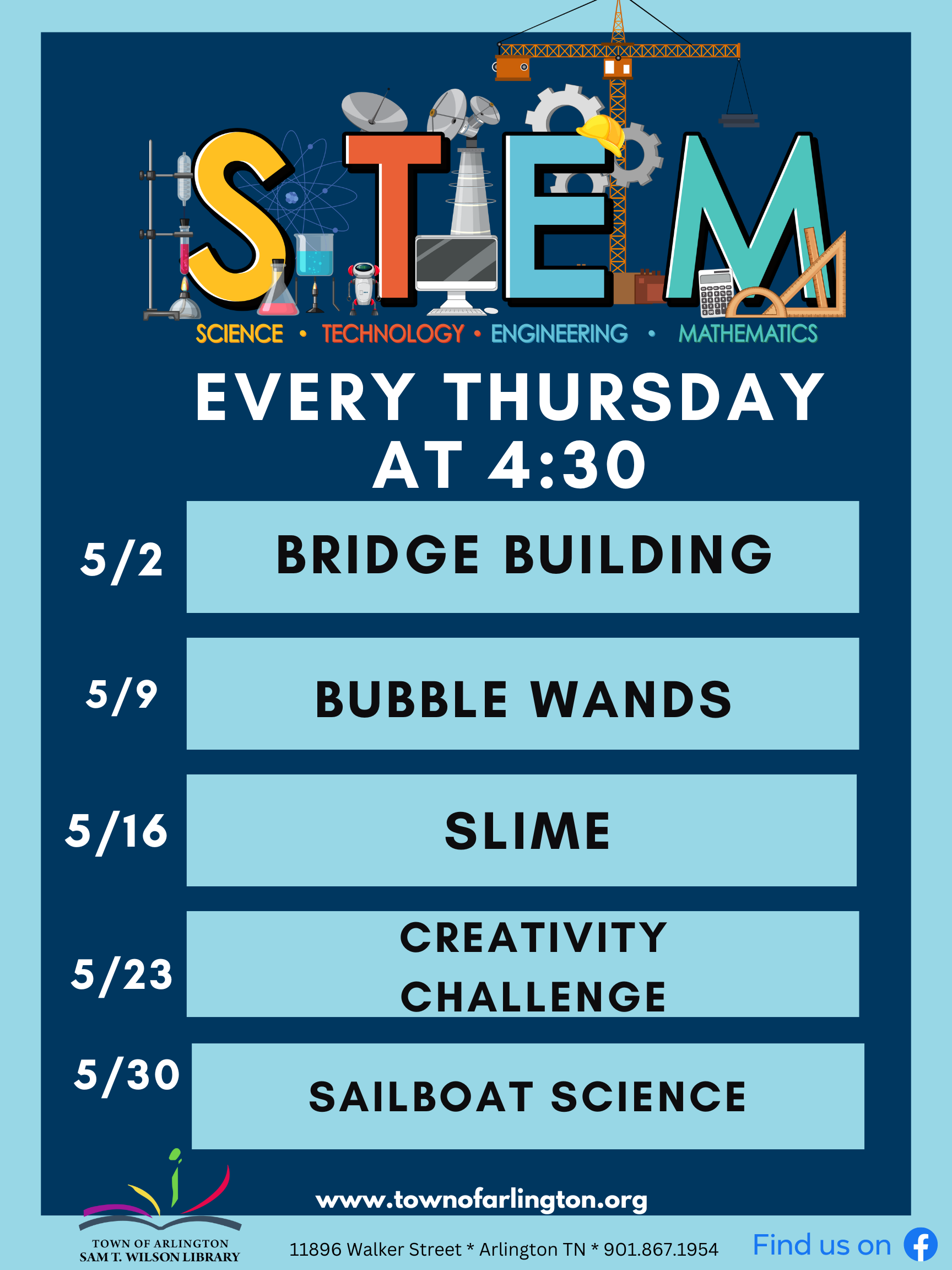 STEM schedule for May, meeting every thursday at 4:30pm