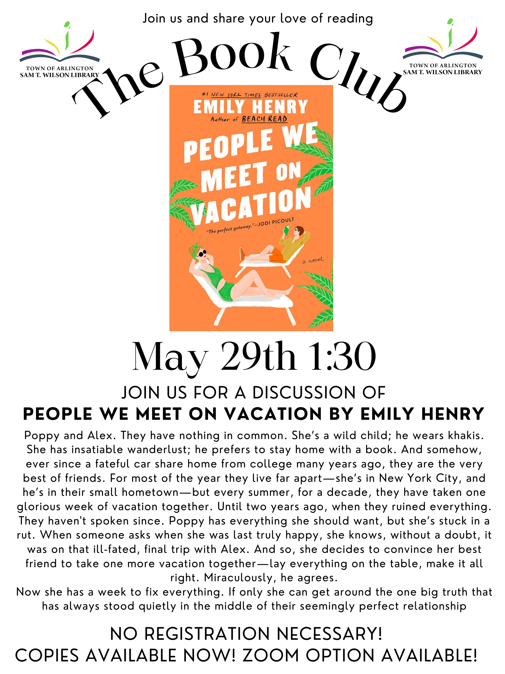 The Book Club, May 29th at 1:30 for discussion of People We Meet On Vacation by Emily Henry