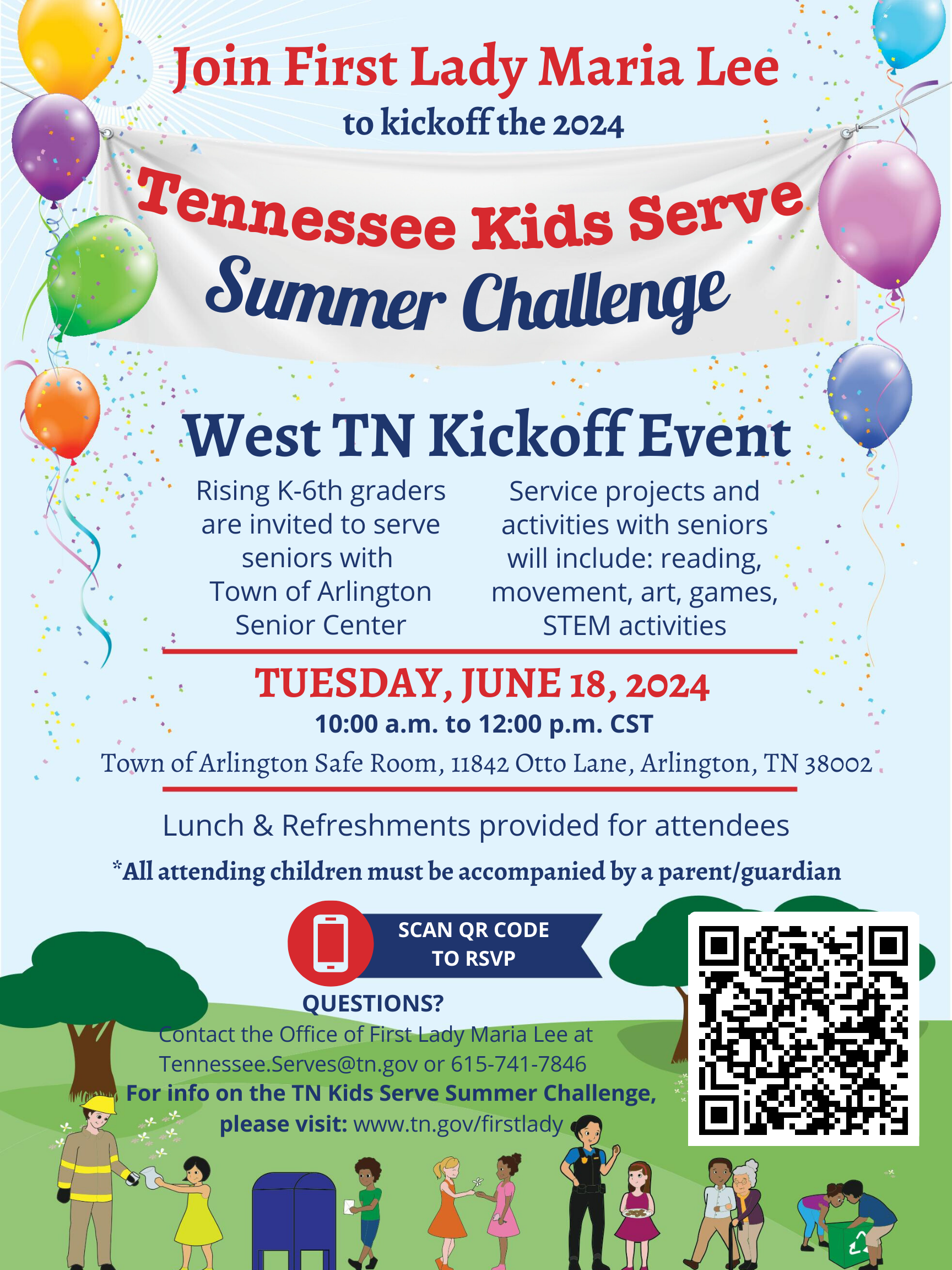 TN Kids Serve Summer Challenge information on West TN Kickoff Event - Tuesday, June 18 from 10 to Noon at Arlington Safe Room