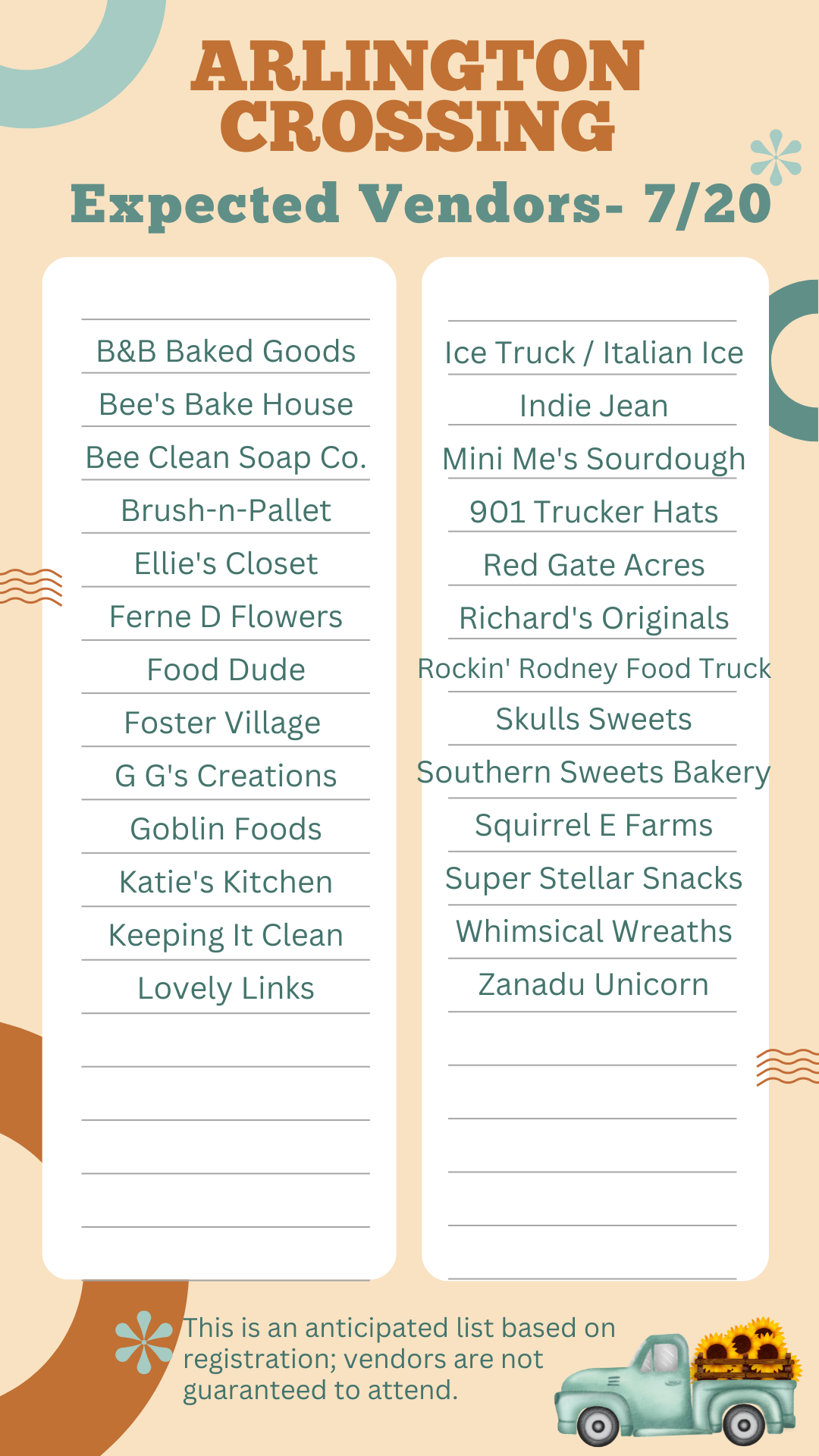 List of anticipated vendors at July 20th Crossing Market