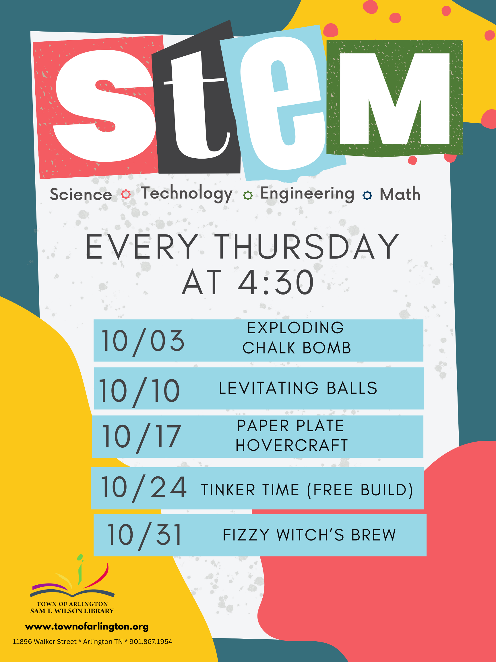 STEM schedule for October, meeting every Thursday at 4:30pm at the Library