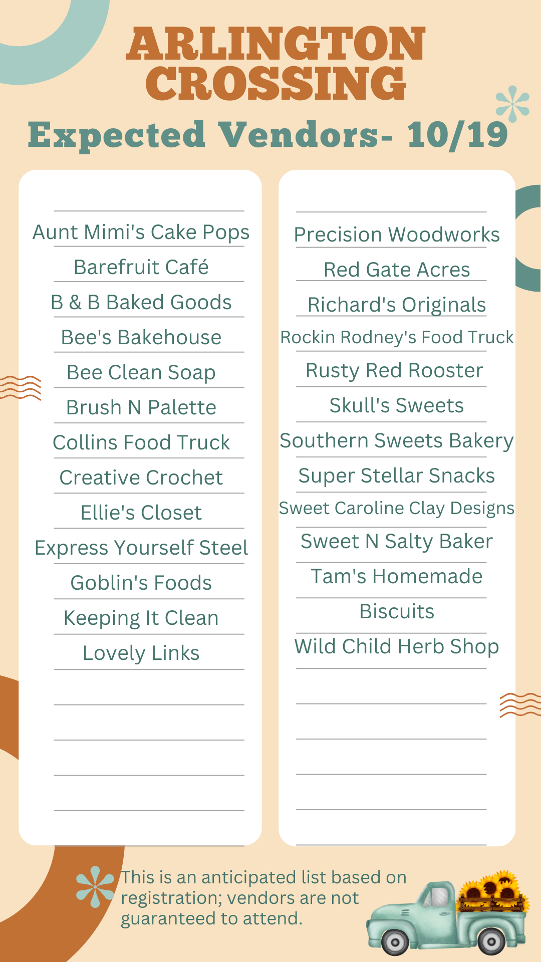 List of anticipated vendors at October 19 Crossing Market