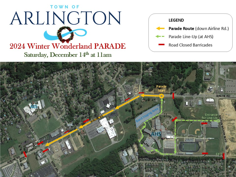 Route map for Arlington 2024 Winter Wonderland Parade, starting on Airline Road at Arlington High School entrance and traveling west to Douglass Road where it ends. The parade is Saturday, Dec 14 at 11am