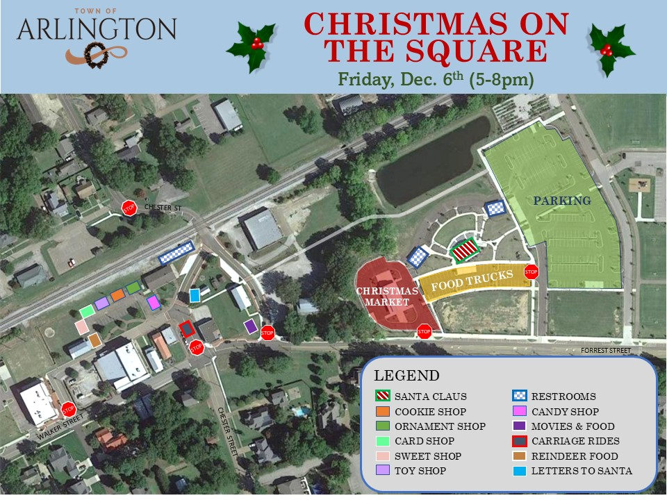 Town of Arlington Christmas on the Square 2024 map, showing the location of various tents in the Depot Square area of Town. December 6, from 5-8pm