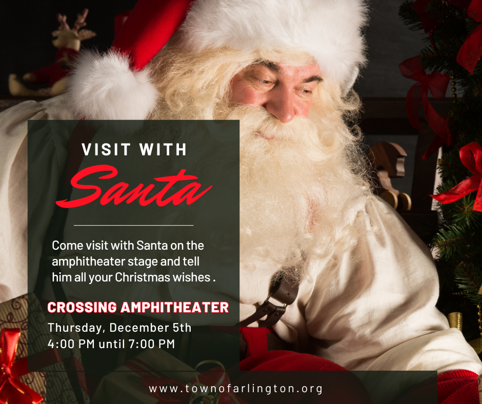 Picture of Santa Claus with black box in bottom left corner. Text in box says "Visit with Santa. Crossing Amphitheater, Thursday, December 5th, 4pm until 7pm