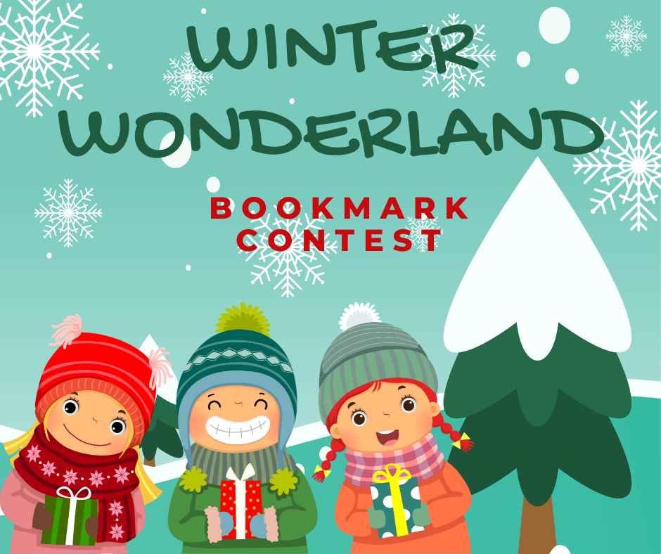 Blue wintery background with 3 cartoon kids with presents. Text says Winter Wonderland Bookmark Contest