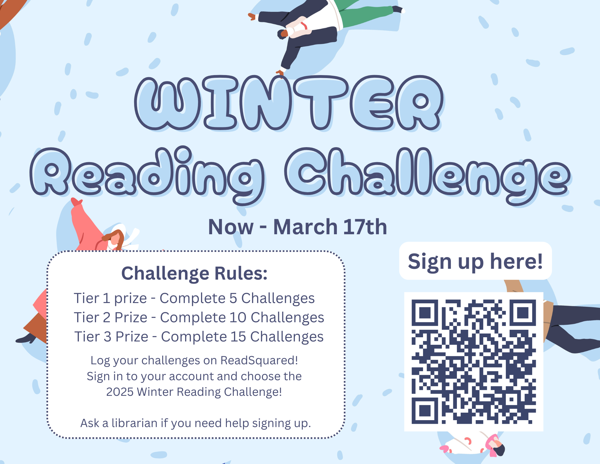 Winter Reading Challenge flyer, with QR code to sign up and log challenges