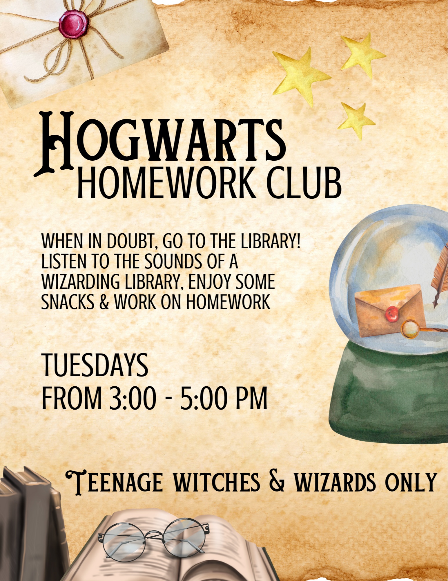 Teen Homework Club is every Tuesday from 3:00 to 5:00. 