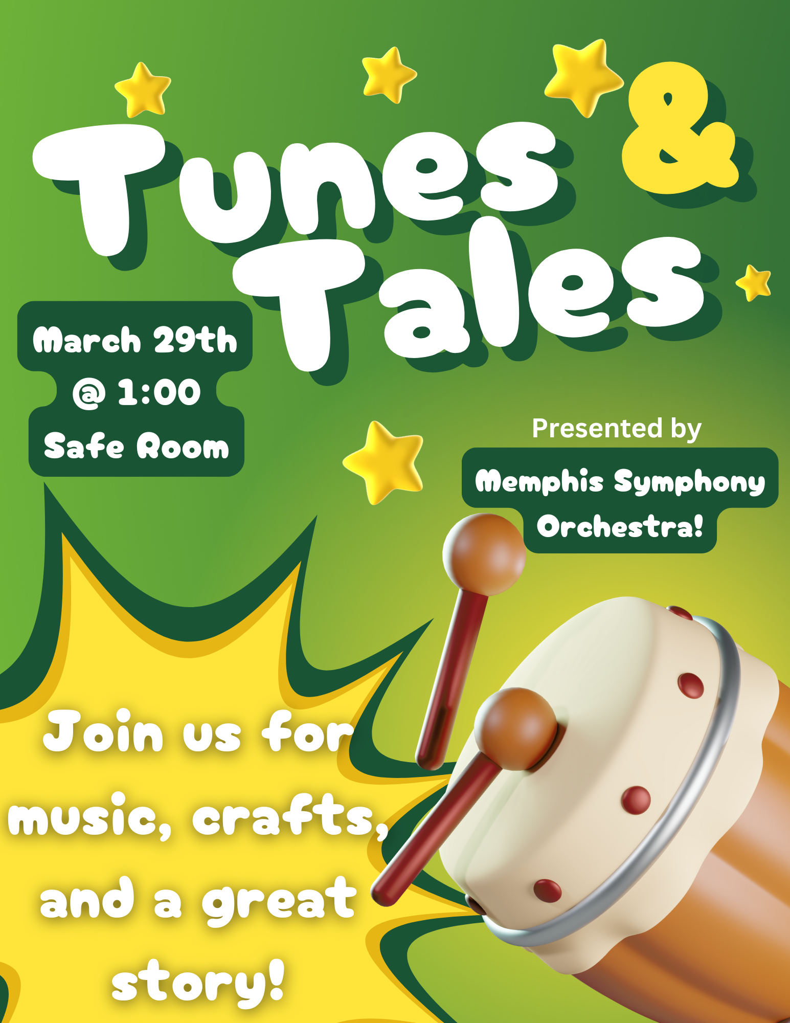 Tunes and tales will be at the Arlington Safe Room on Saturday, March 29th at 1:00pm.