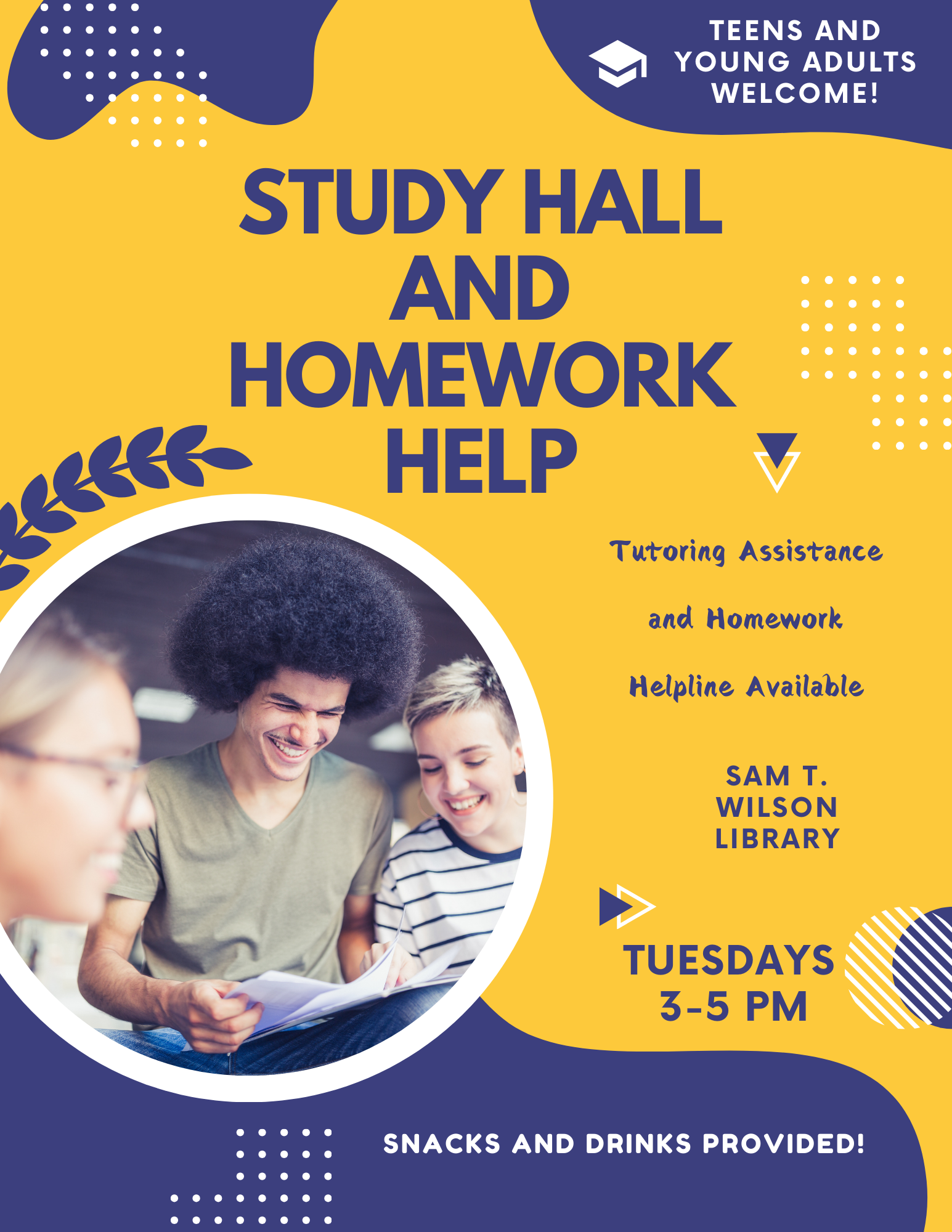 Tween and Teen study hall is every Tuesday from 3:00-5:00pm. 