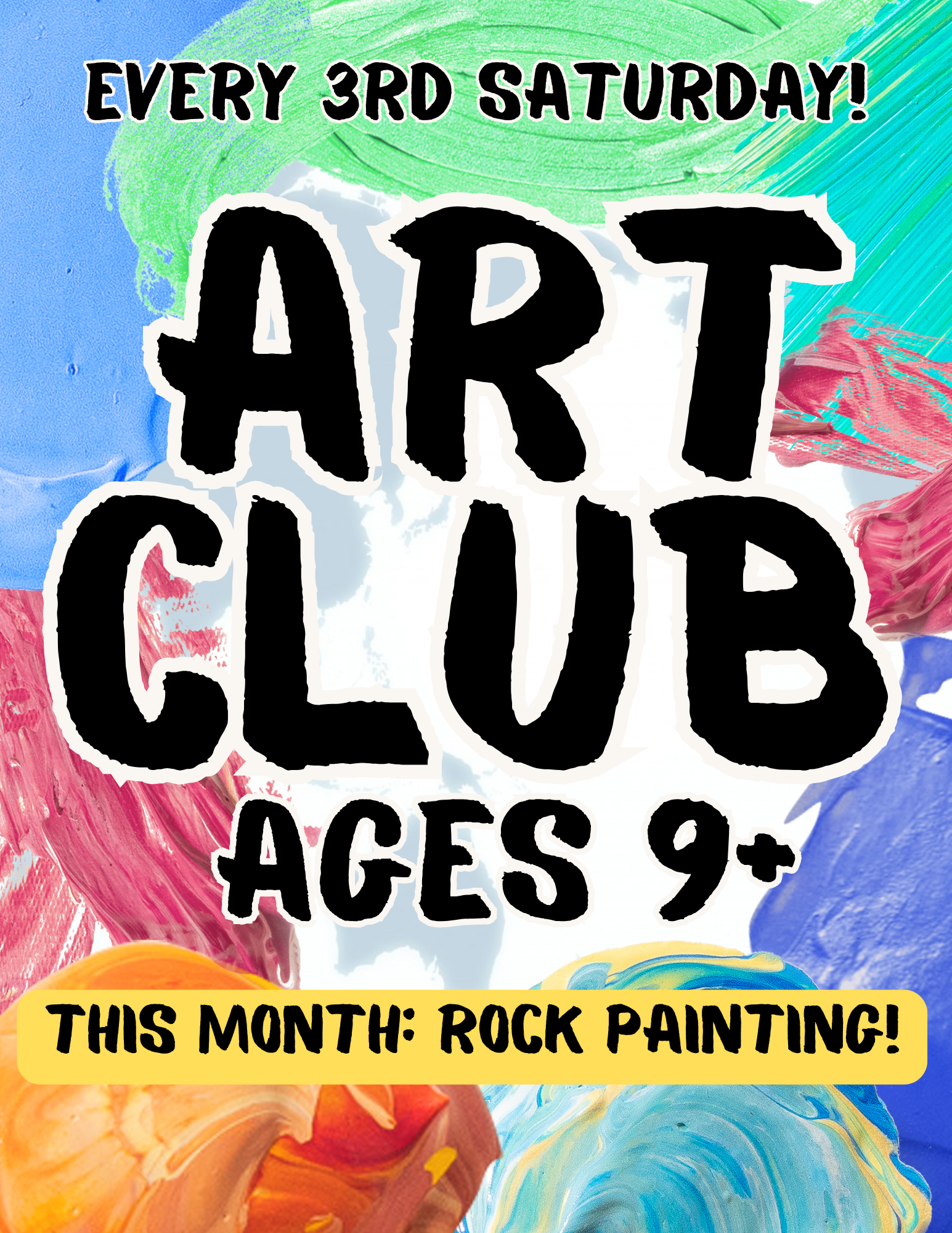 Art club is on third Saturdays at 11:00am. For ages 9 and up.