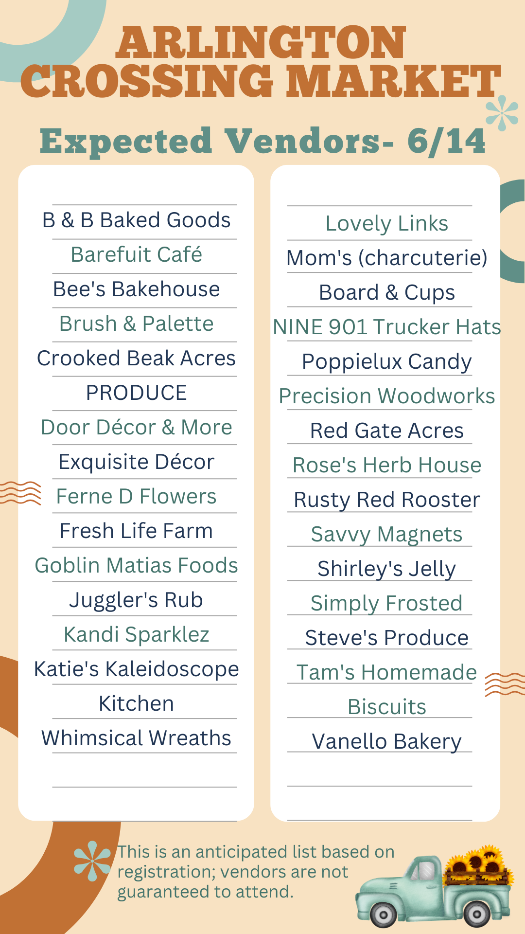 List of anticipated vendors at June 14 Arlington Crossing Market based on registration; not guaranteed all vendors will attend