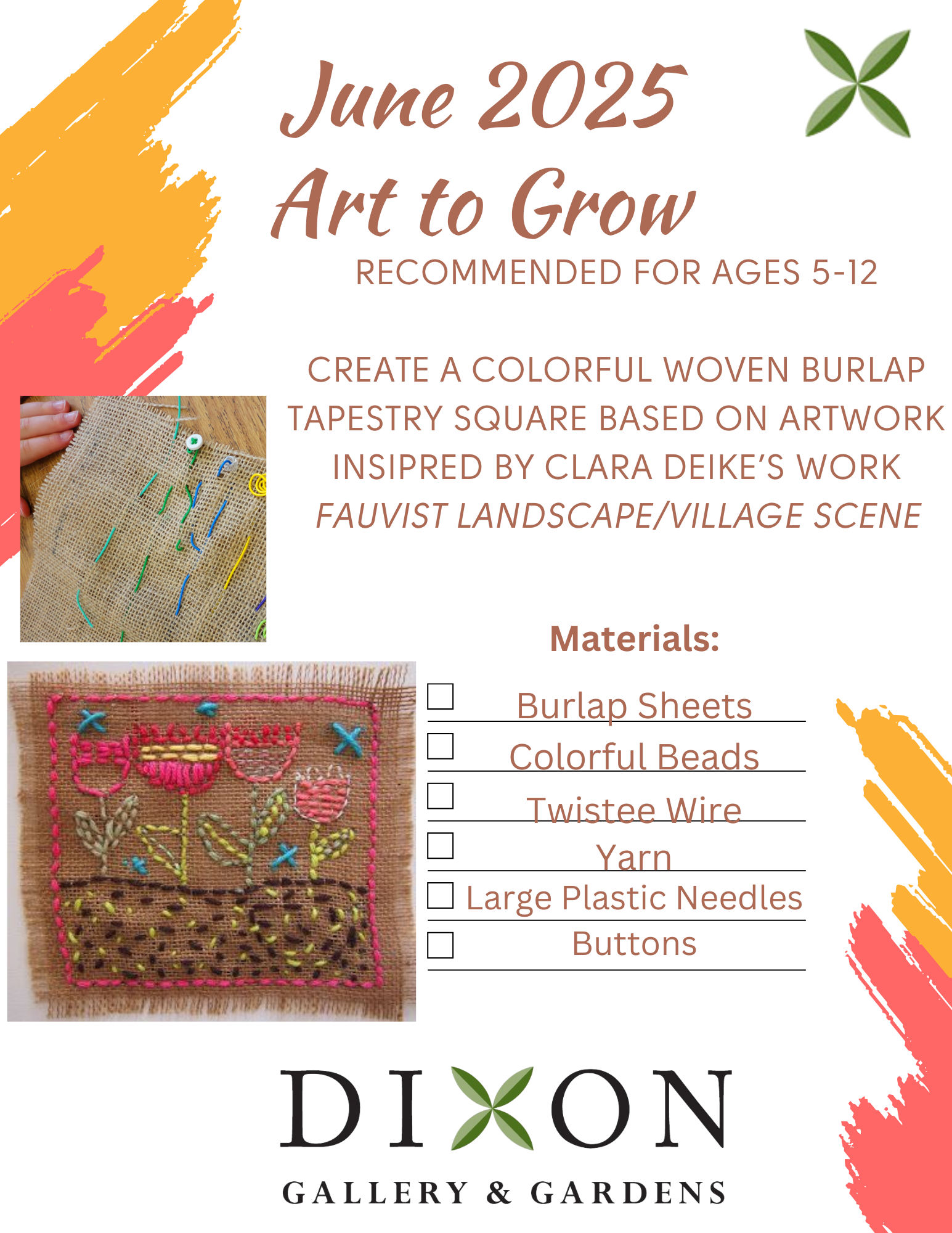 Art to Grow is on June 5th at 11:00 at the safe room. Registration is required.