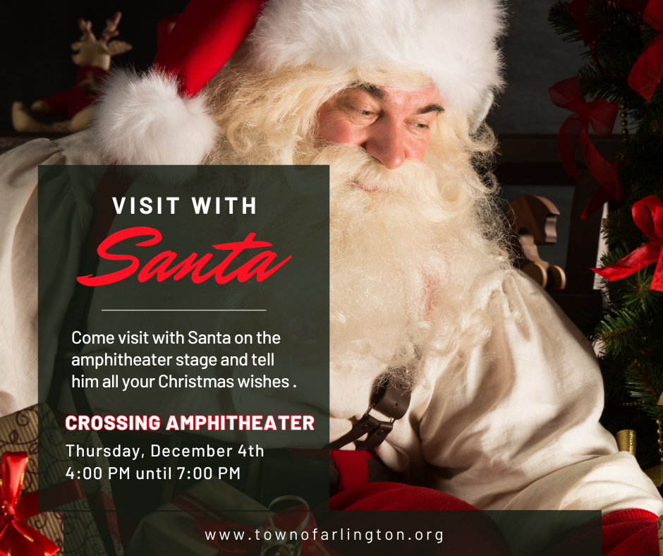 Picture of Santa Claus with black box in bottom left corner. Text in box says "Visit with Santa. Crossing Amphitheater, Thursday, December 4th, 4pm until 7pm