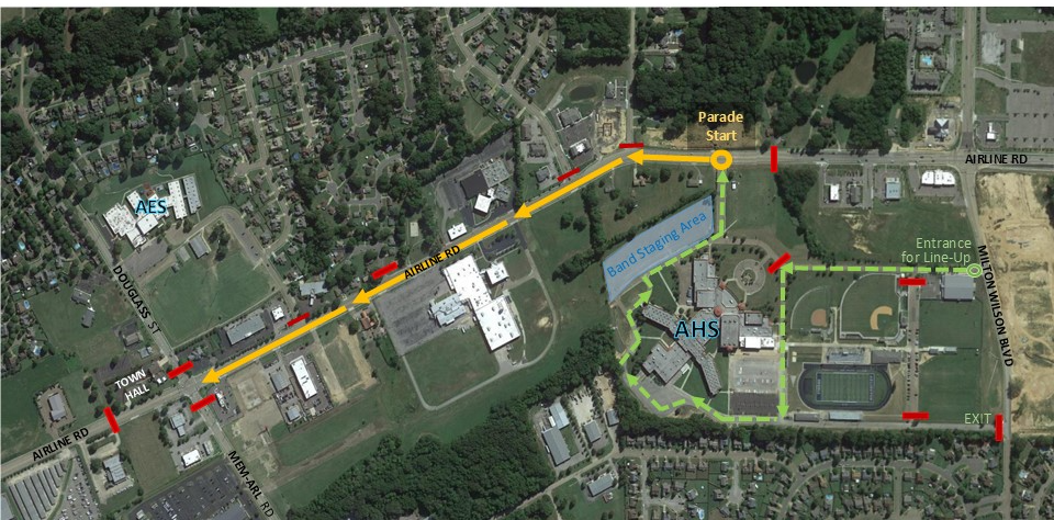 Route map for Arlington 2024 Winter Wonderland Parade, starting on Airline Road at Arlington High School entrance and traveling west to Douglass Road where it ends. The parade is Saturday, Dec 14 at 11am