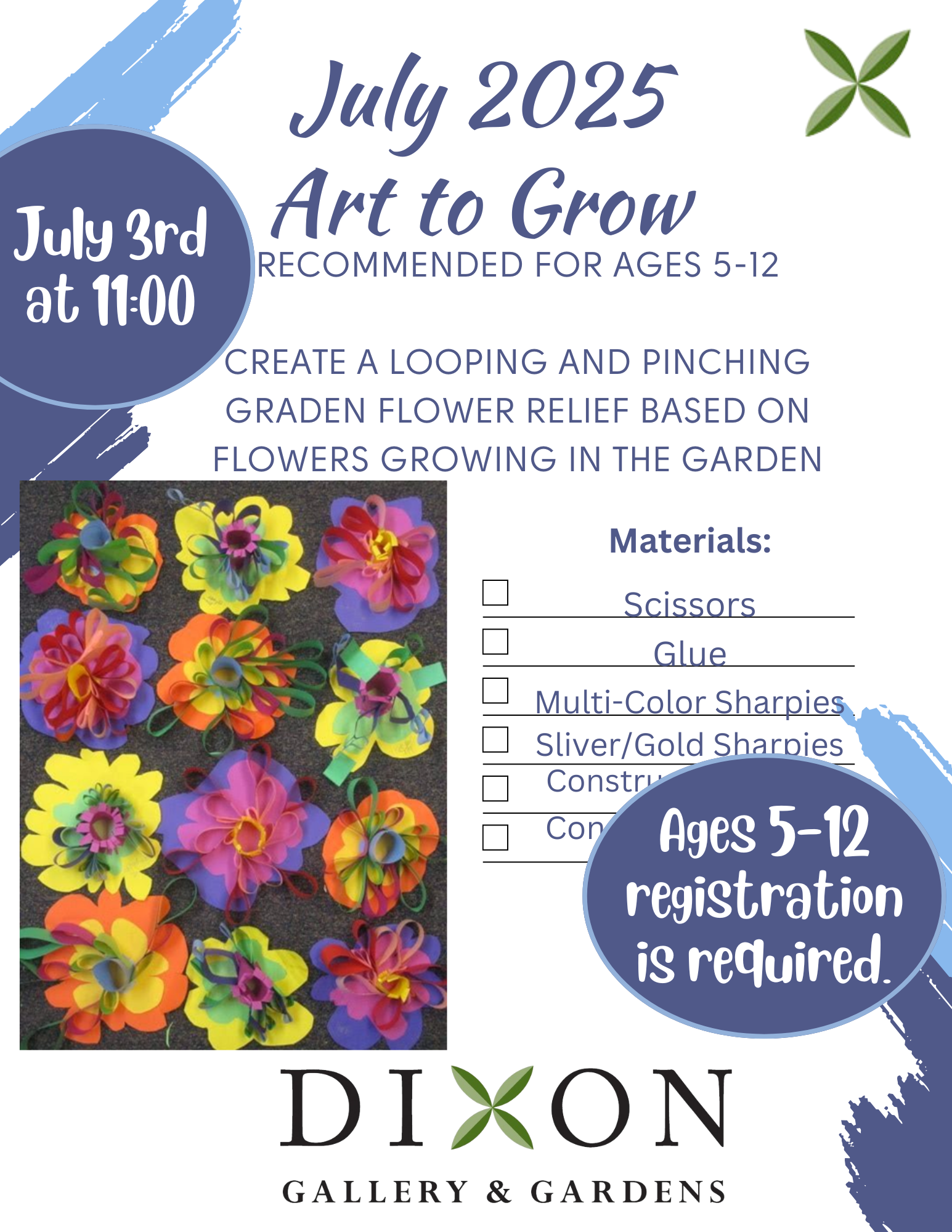 Art to Grow is on July 3rd  at 11:00. Registration is required.