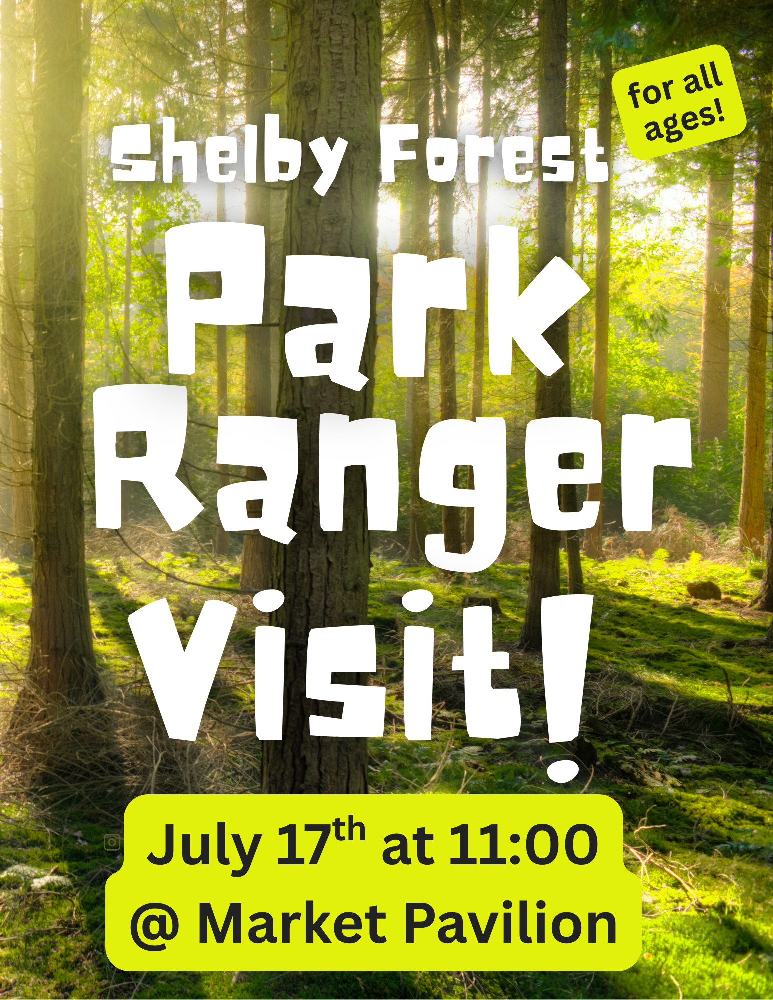 The park ranger visit is on July 17th  at 11:00 at the marker pavilion.