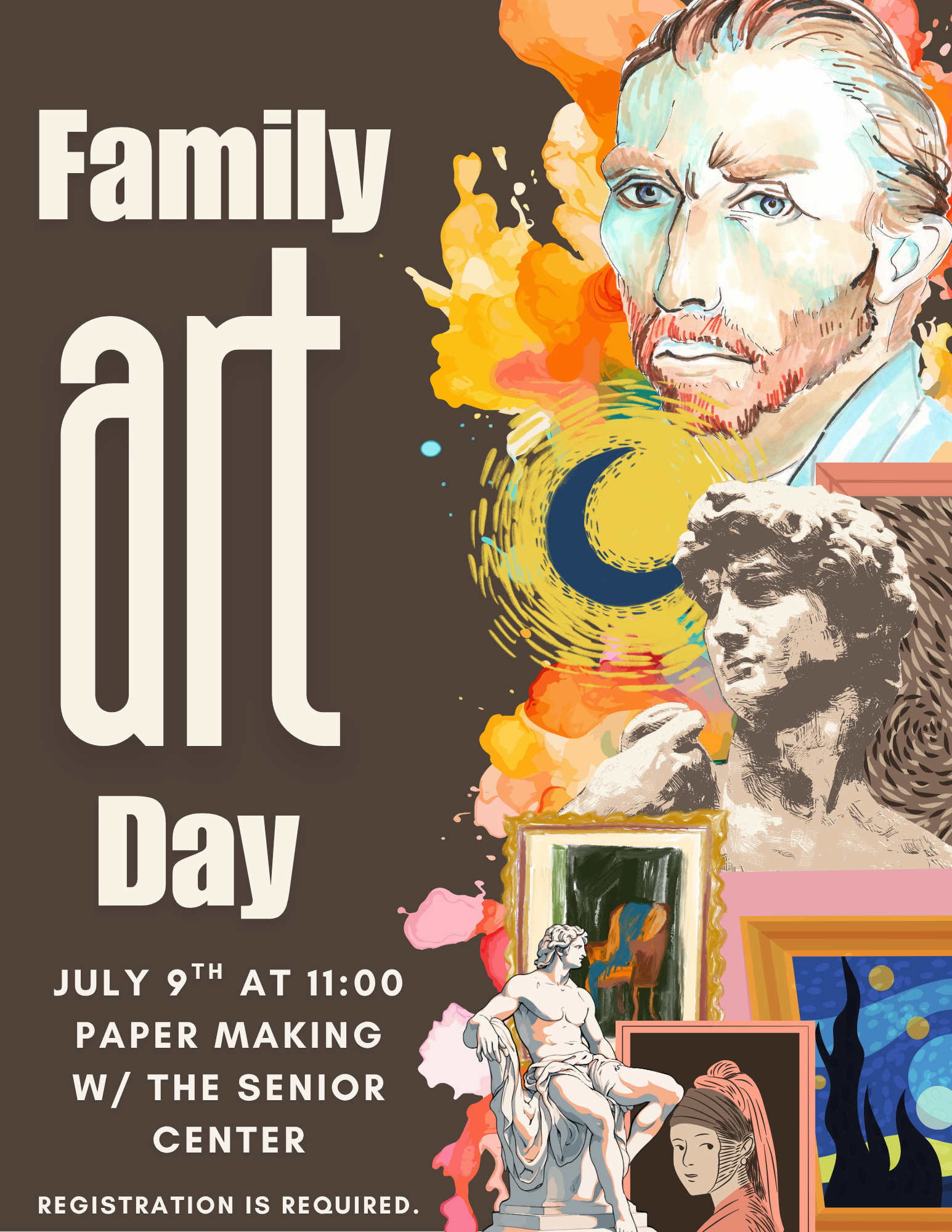 family art day is on july 9th at  11:00. registration is required.