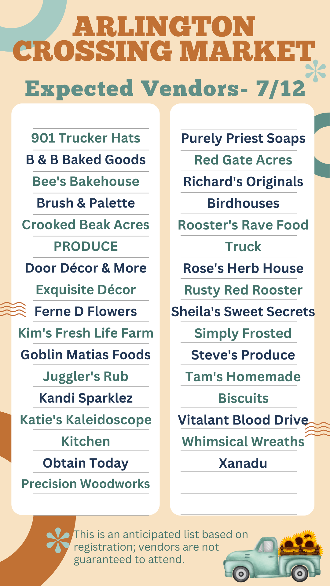 List of anticipated vendors at July 12 Arlington Crossing Market based on registration; not guaranteed all vendors will attend