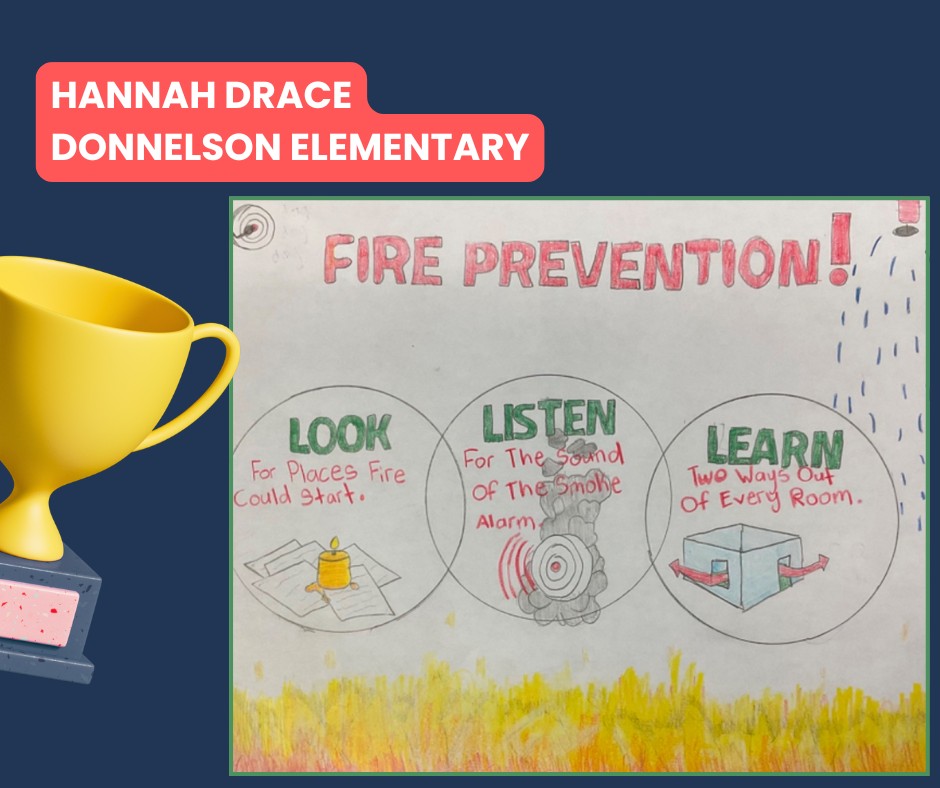 Blue slide with text Hannah Drace, Donelson Elementary in pink in top left. Includes drawing of Fire Prevention poster and gold trophy