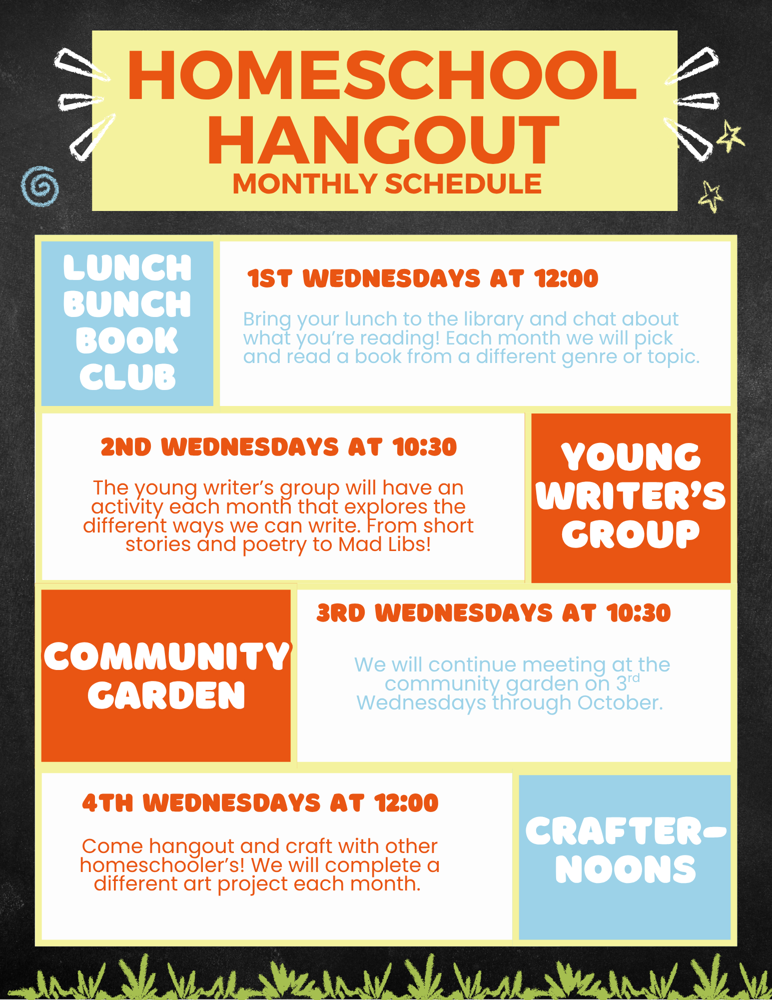homeschool hangout is every wednesday. check the calendar on details for times.