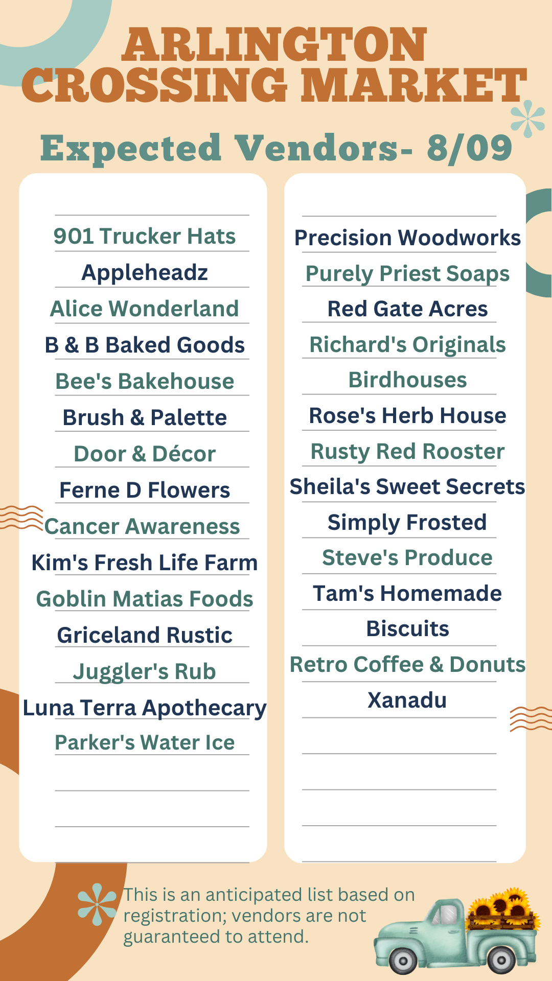 List of anticipated vendors at Aug 9 Arlington Crossing Market based on registration; not guaranteed all vendors will attend