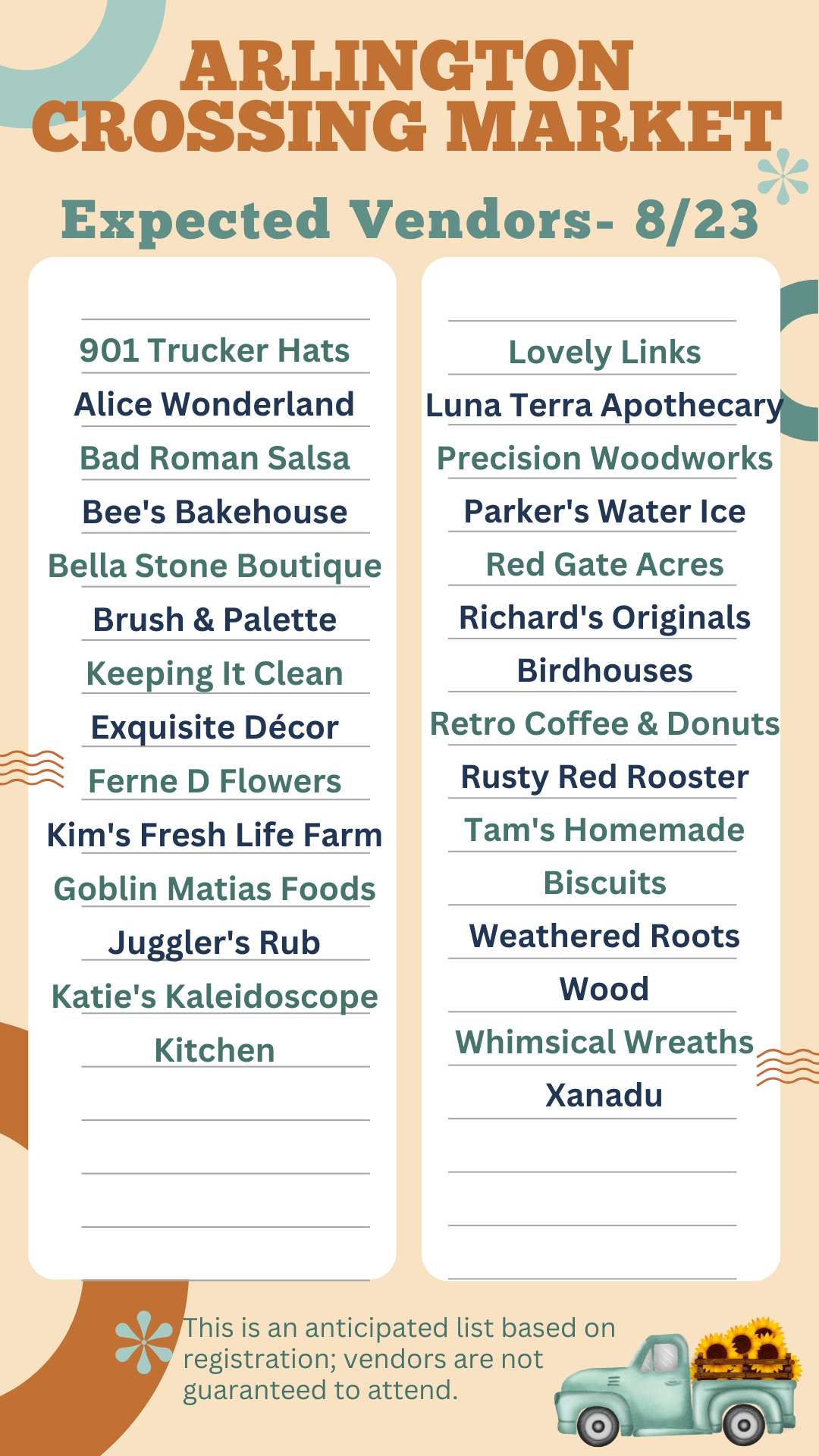 List of anticipated vendors at Aug 9 Arlington Crossing Market based on registration; not guaranteed all vendors will attend