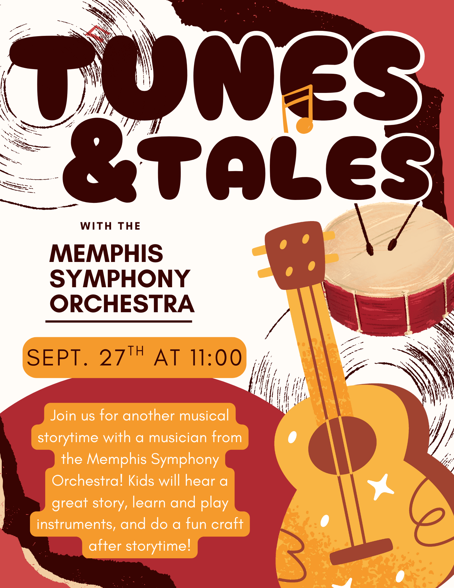 Tunes and tales will be at the Arlington Safe Room on Saturday, September 27th at 11:00..