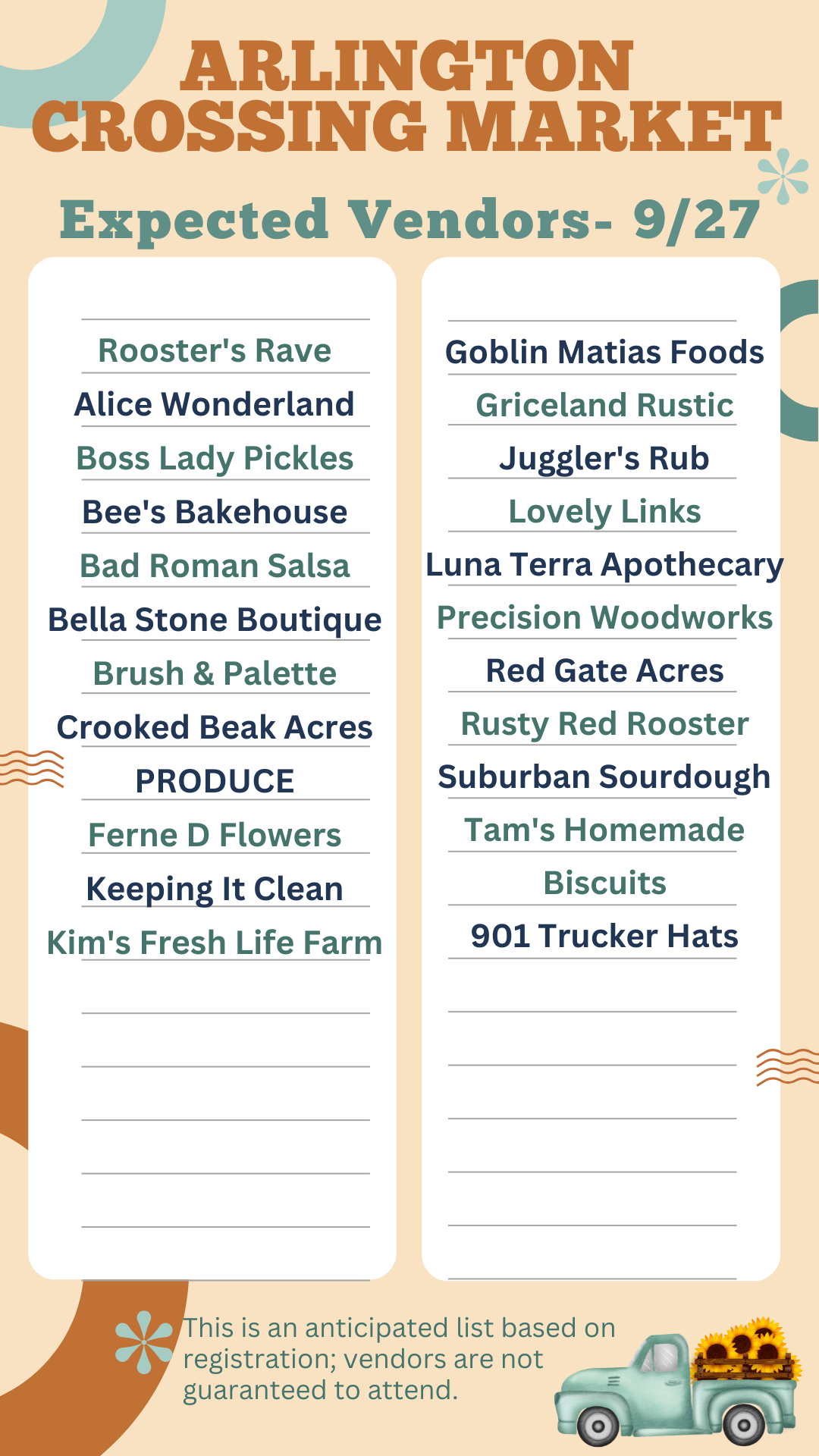 List of anticipated vendors at Sept 27 Arlington Crossing Market based on registration; not guaranteed all vendors will attend