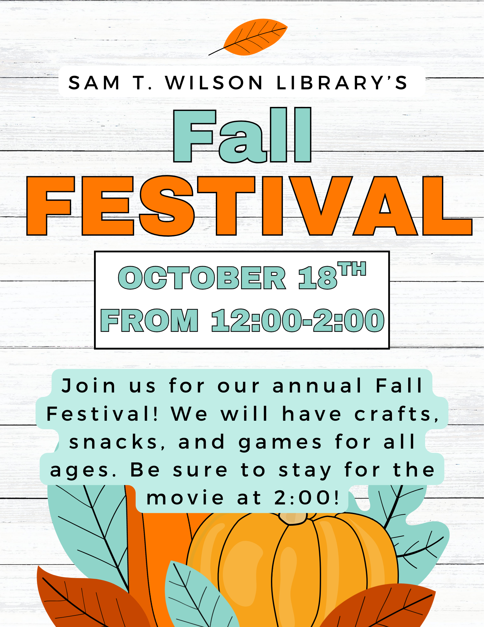 Our fall festival is on october 18th from 12:00-2:00 at the safe room. for all ages.