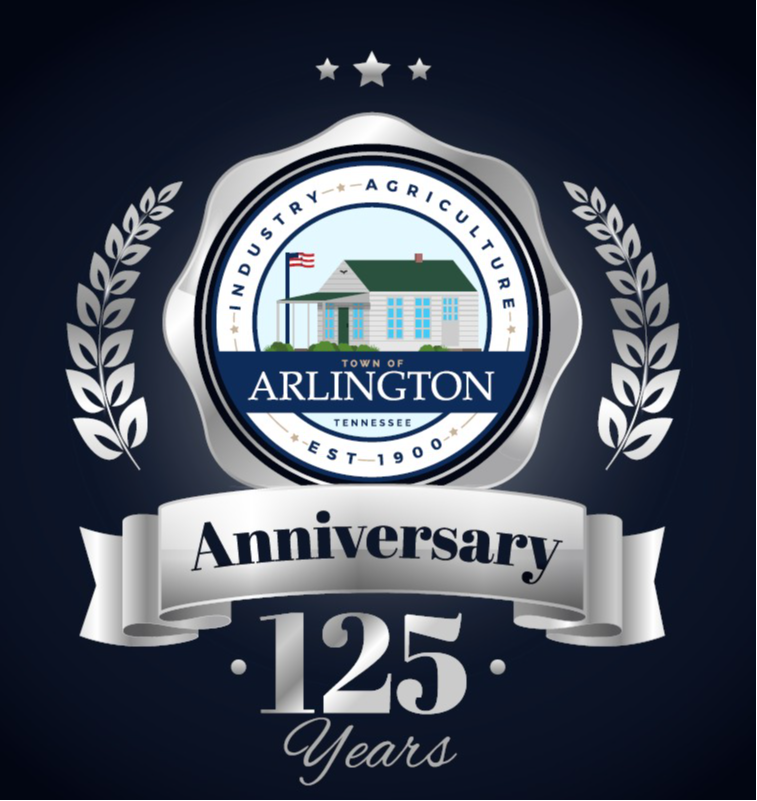 Blue and white town of Arlington TN seal surrounded by silver decorations and ribbon that says Anniversary. Below is "125 year" in silver letters.