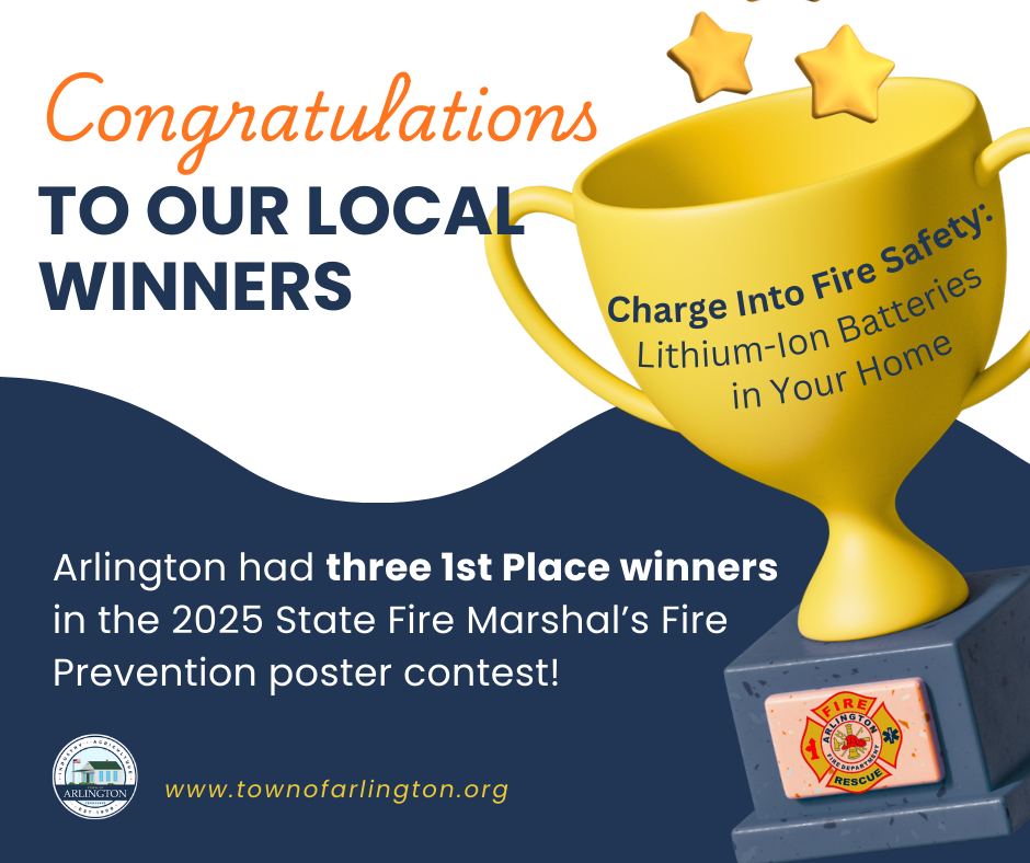 Congratulations graphic with blue and white background and a yelllow trophy on right side. Text says congratulations to our local winners - Arlington had 3 1st place winners in the 2025 State Fire marshal fire prevention poster contest