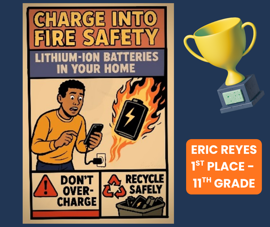 Fire poster with a surprised man holding charging cell phone with a picture of a burning battery and text to not over-charge lithium ion batteries. Eric Reyes, 1st place 11th Grade