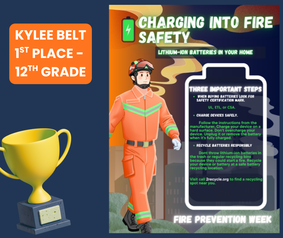 Fire poster with fire fighter in orange safety uniform and text about charging into fire safety with lithium ion batteries on right. Kylee Belt, 1st place, 12th grade