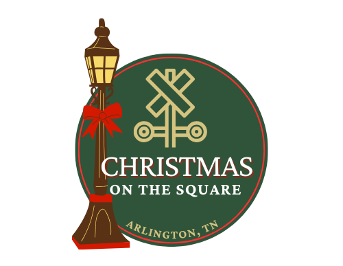 Green circle with railroad crossing emblem in beige at top, and an old light pole decorated with red bow on left. Text says "Christmas on the Square, Arlington, TN"