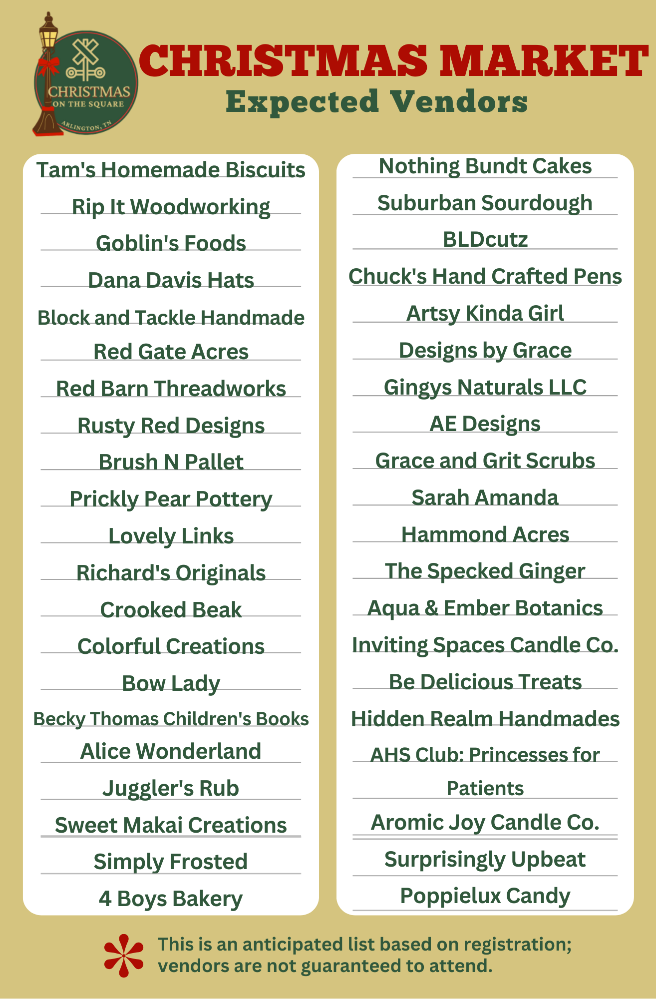 Two column list of expected vendors at the Arlington Christmas Market. Vendors are registered but not guaranteed to be in attendance. 
