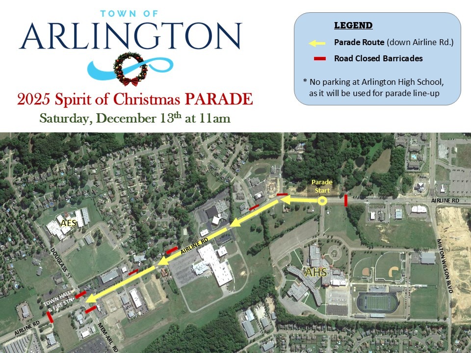 Route map for Arlington 2025 Spirit of Christmas Parade, starting on Airline Rd at Arlington High School entrance and traveling north to Douglas Rd where it ends. The parade is Saturday, Dec 13 at 11am