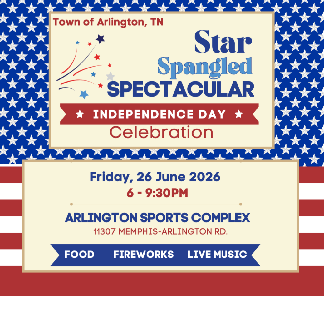 Retro flyer with US flag background and beige box with text for "Town of Arlington's Star Spangled Spectacular, Independence Day celebration, Friday 26 June 2026 from 6-9:30pm" Blue ribbon on bottom says "food, fireworks, live music"