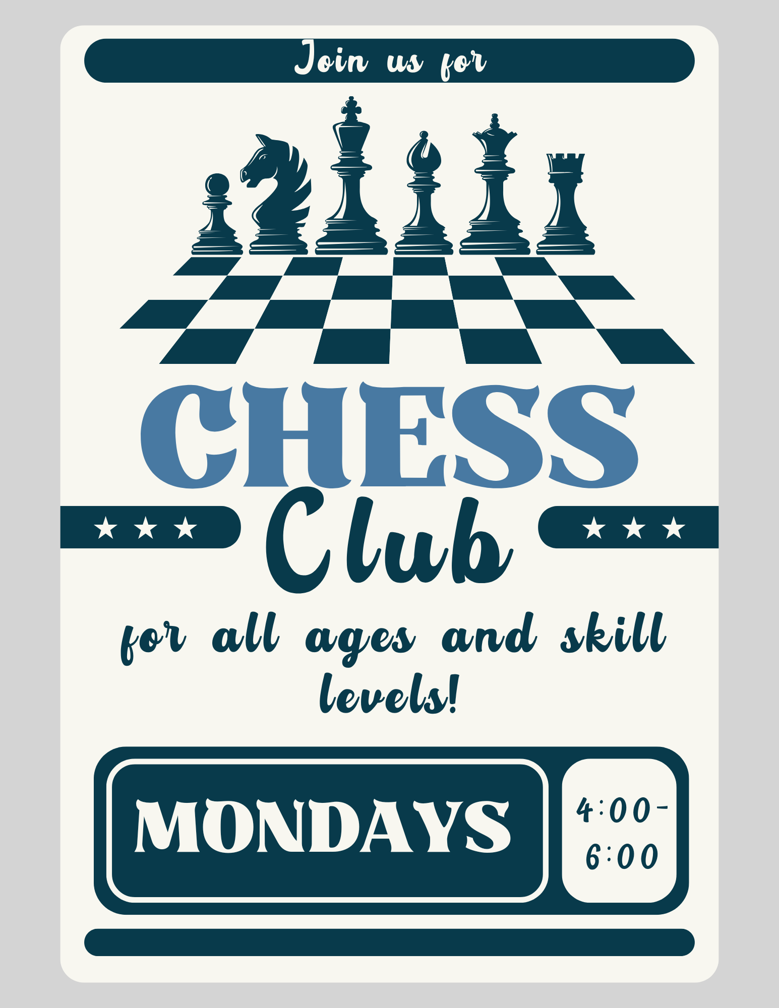 chess club is on mondays from 4:30-6:00. for all ages.